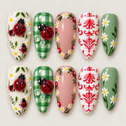 ACEGRIP Cream Ladybug press-on nails in cream, green, red, and white, with ladybug motifs, style XQ2033