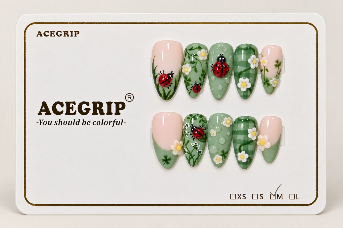 ACEGRIP Blush Ladybug, style XQ2034, complete 10-nail set on its presentation card