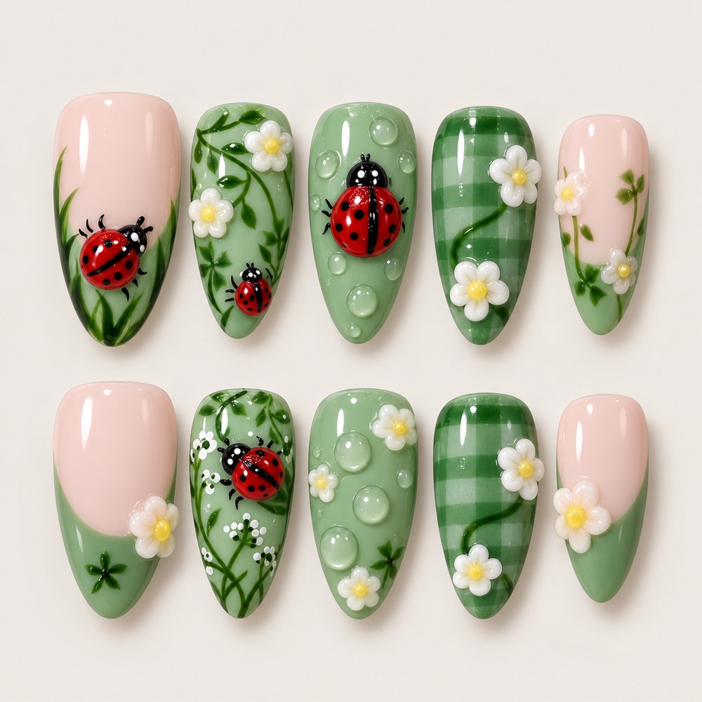 ACEGRIP Blush Ladybug press-on nails in peach nude, green, white, and red, with ladybug motifs, style XQ2034