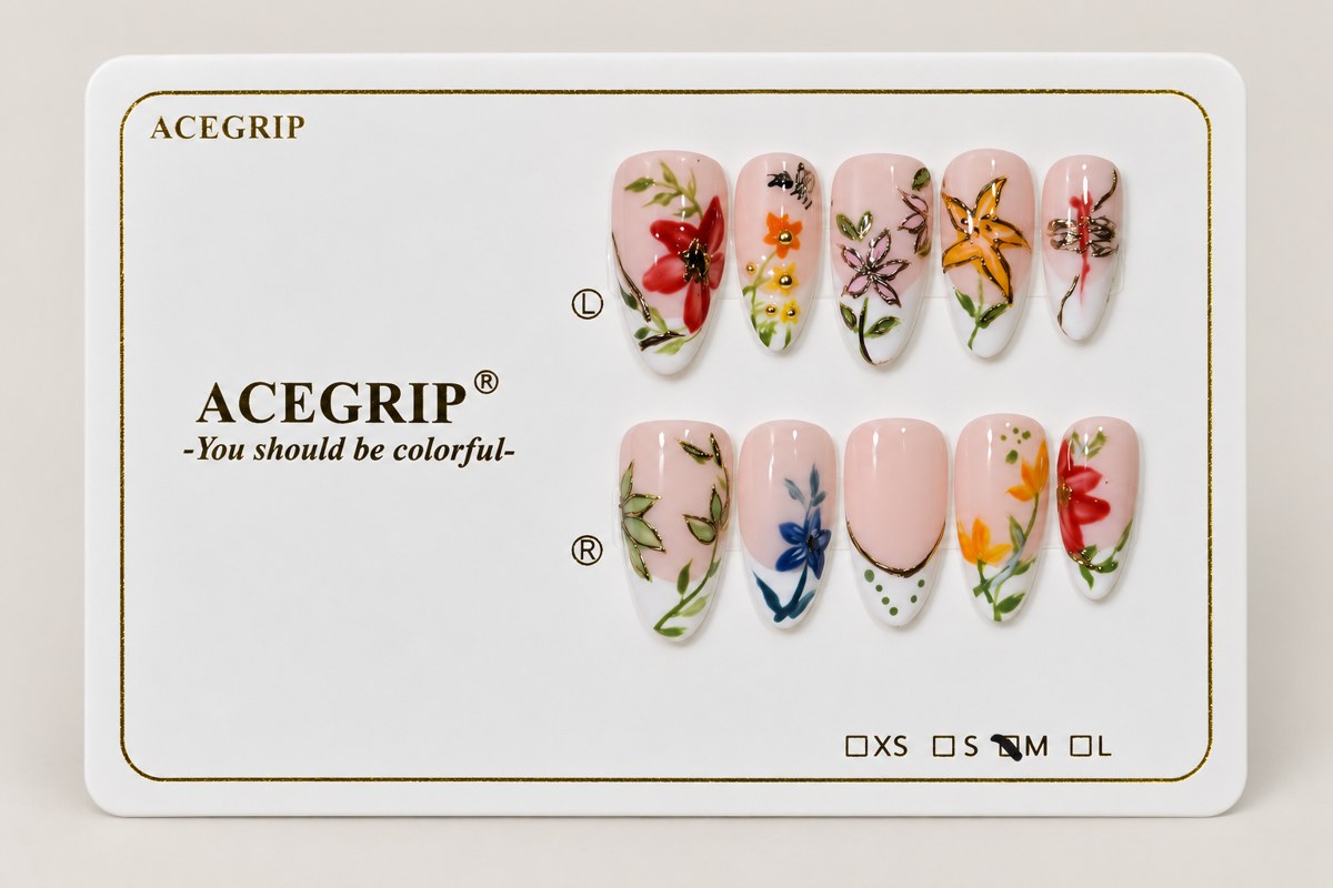 ACEGRIP Blush Garden Foliage, style XQ2035, complete 10-nail set on its presentation card