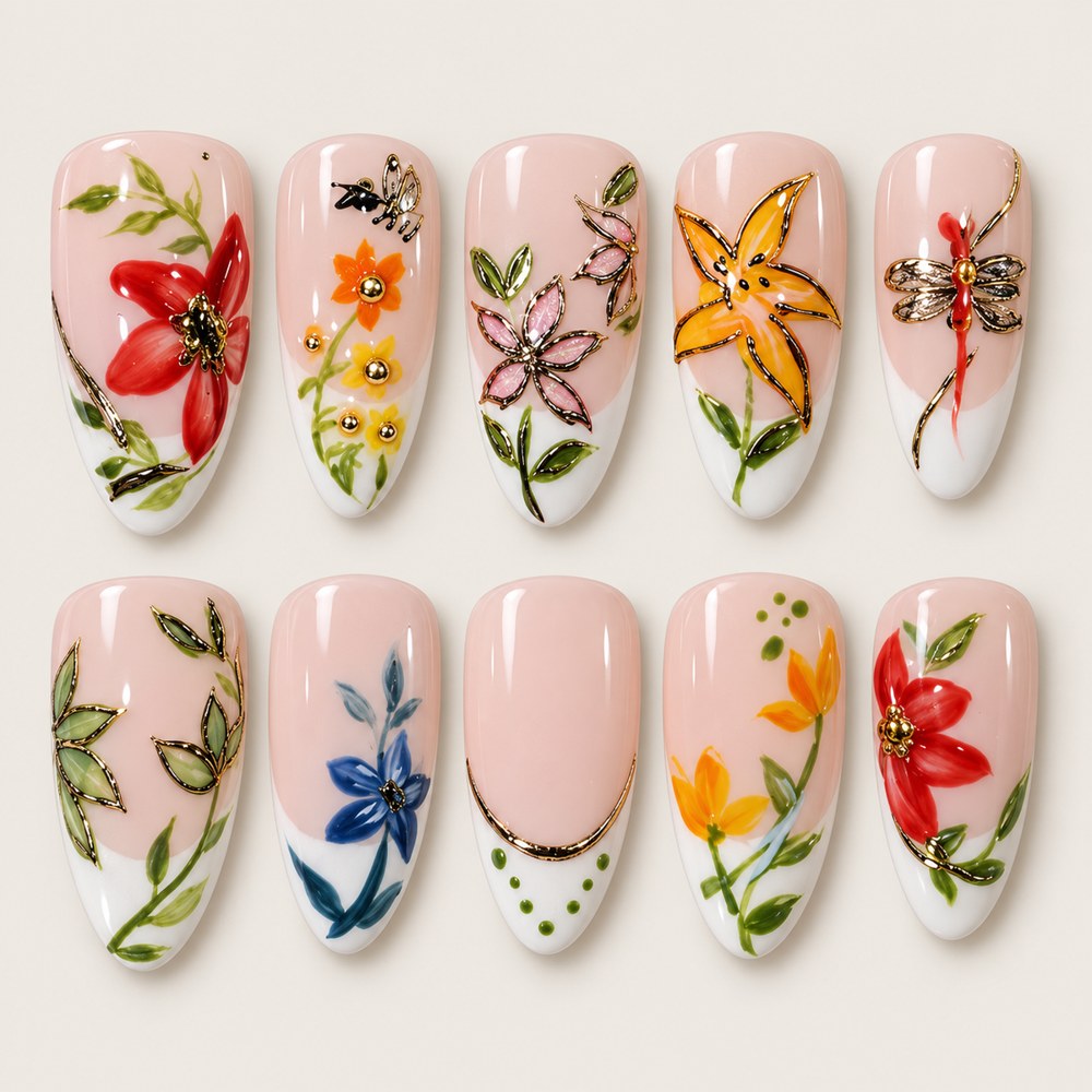 ACEGRIP Blush Garden Foliage press-on nails in peach nude, white, and multiple bright colors, with floral accents, style XQ2035