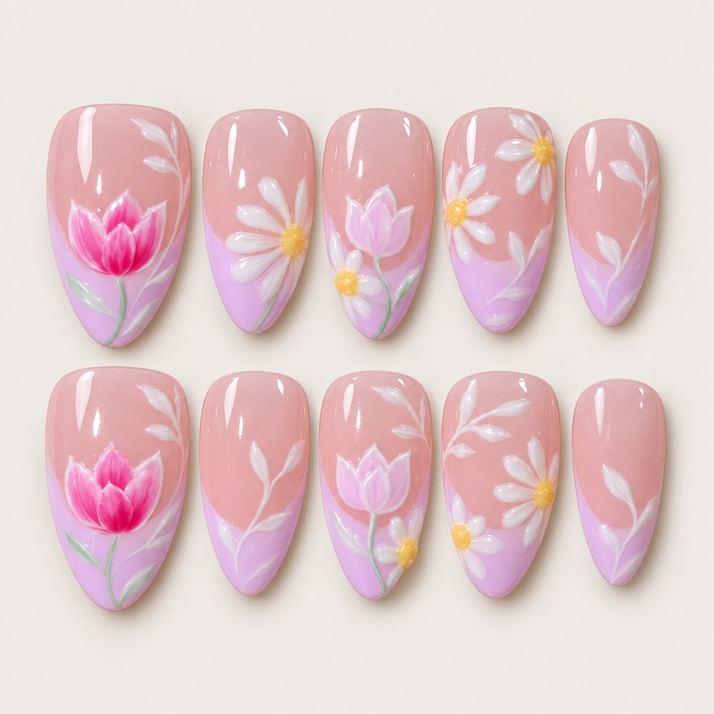 ACEGRIP Rose Tulip press-on nails in pink, purple, white, and yellow, with tulip motifs, style XQ2036