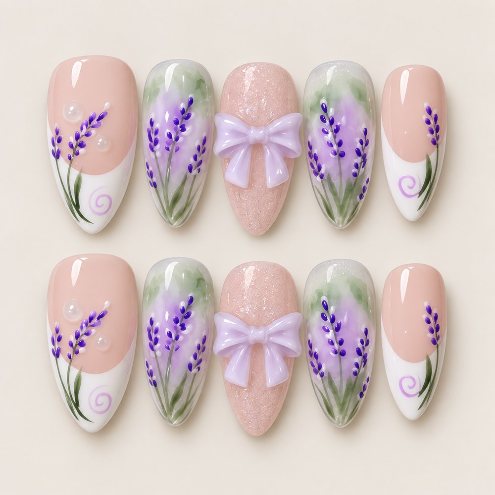 ACEGRIP Blush Lavender press-on nails in peach nude, green, purple, and white, with lavender sprigs, style XQ2037
