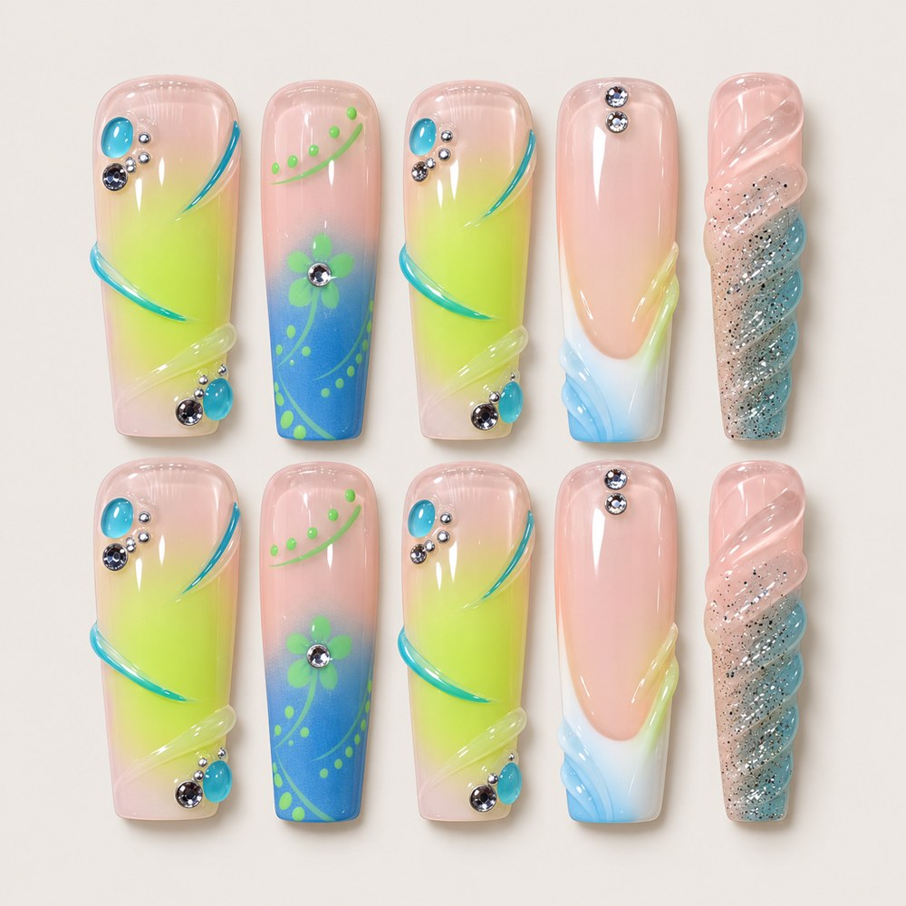 ACEGRIP Blush Lines press-on nails in peach nude, lime green, blue, and grey, with fine linework, style XQ2039