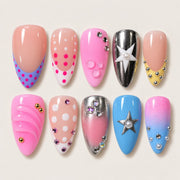 ACEGRIP Blush Polka Starlight press-on nails in peach nude, pink, blue, and silver tones, with polka dots, style XQ2040