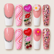 ACEGRIP Rose Heart Bloom press-on nails in pink, white, and multiple bright colors, with heart motifs, style XQ2041