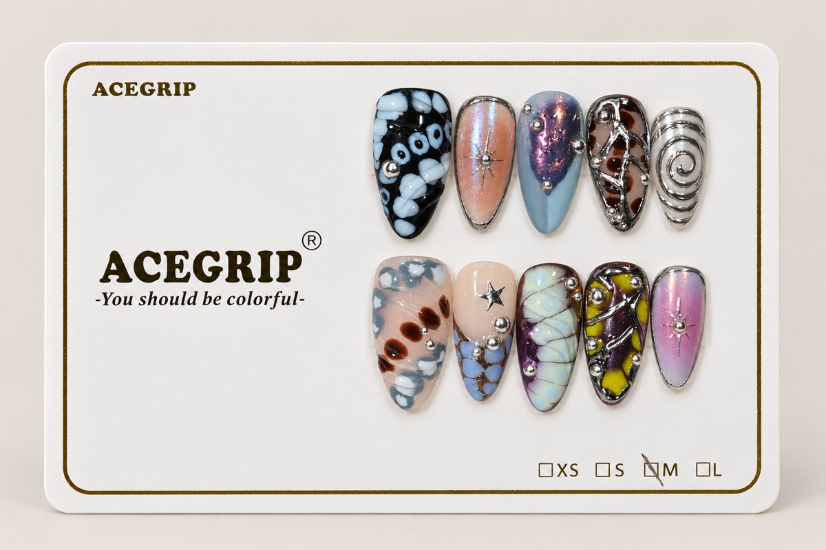 ACEGRIP Onyx Stars, style XQ2042, complete 10-nail set on its presentation card