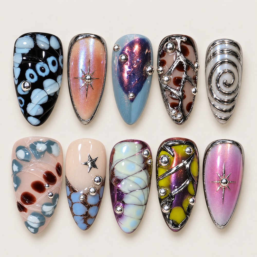 ACEGRIP Onyx Stars press-on nails in black, peach nude, blue, and silver tones, with star motifs, style XQ2042