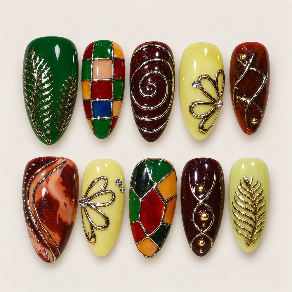 ACEGRIP Jade Leaves press-on nails in green, brown, yellow, and multiple bright colors, with leaf motifs, style XQ2043