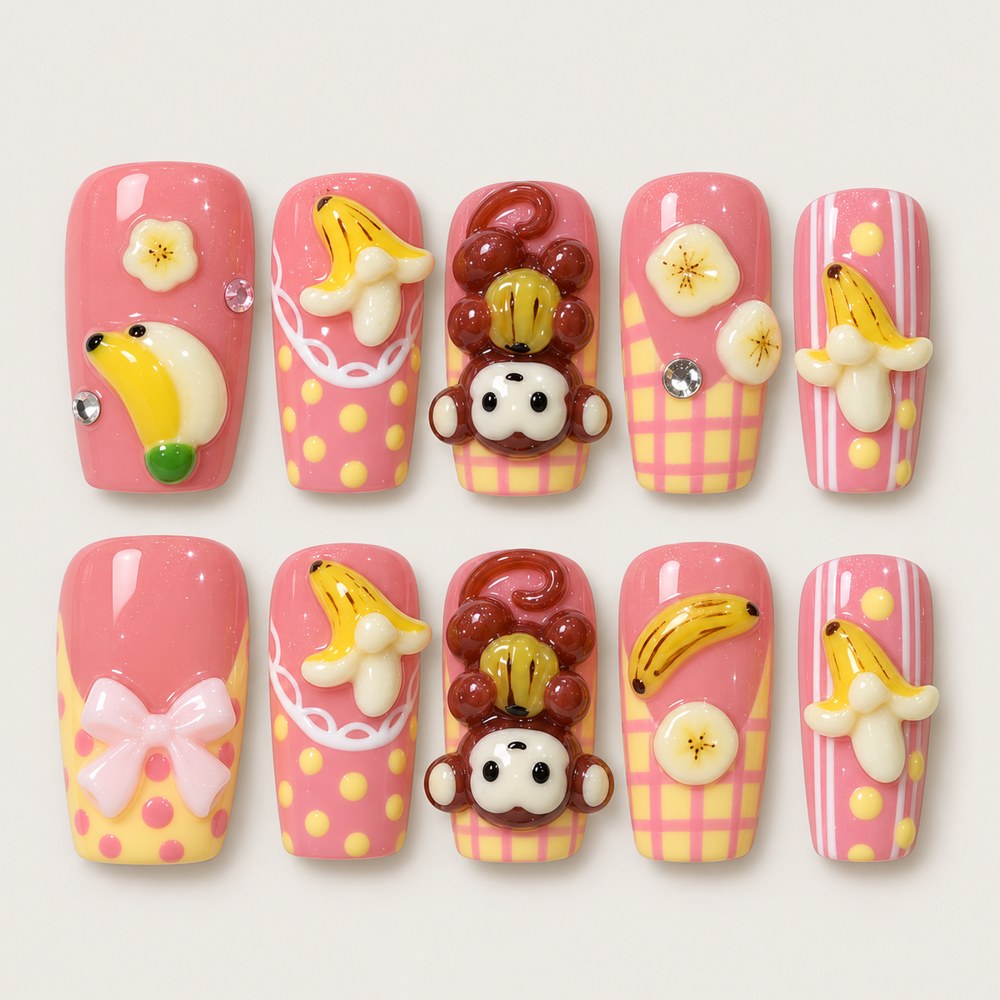 ACEGRIP Rose Monkey press-on nails in pink, yellow, brown, and white, with monkey motifs, style XQ2044